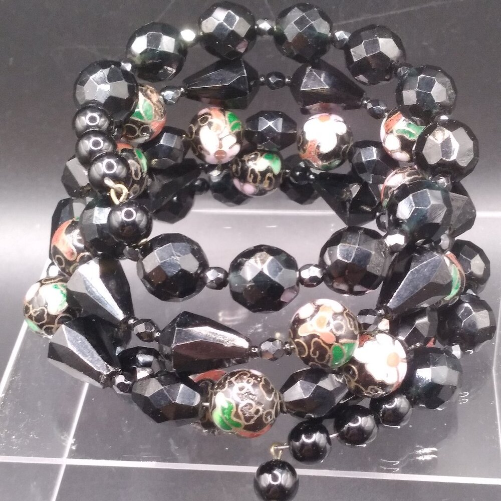 Vintage Cloissone Flower Beads and  Black Facted Glass Beads Wrap Bracelet